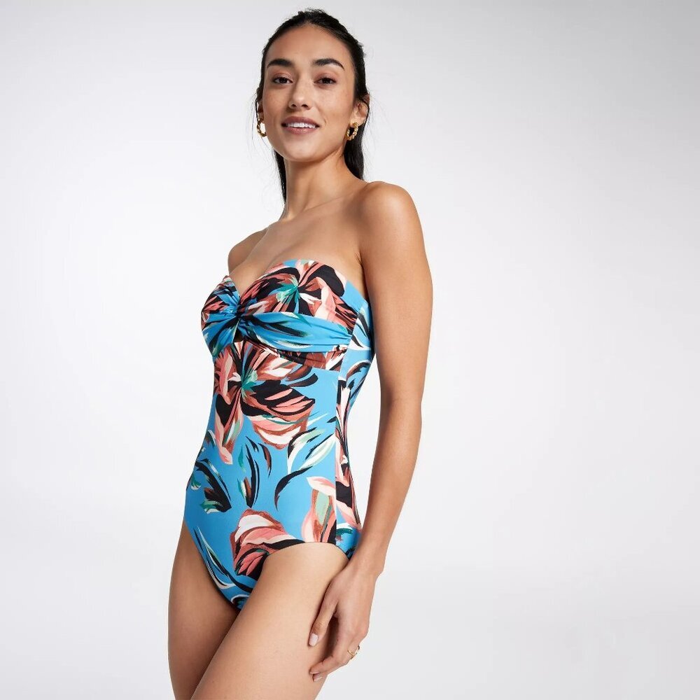 CALIA Women's Twisted Bandeau Swim One Piece, Size 12, Tranquil Blue Floral